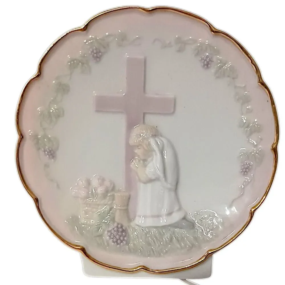 Praying Girl Porcelain Night Light Lamp Boudoir Bedside Religious Cross Vintage.